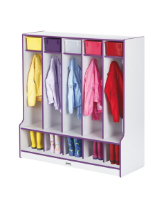 Jonti-Craft Rainbow Accents 5-Section Cubbie Coat Locker with Step (Shown in Purple)
