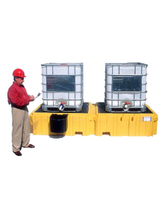 Ultratech Ultra-Twin 535 Gallon IBC Intermediate Bulk Container Spill Pallet Sumps with Drain (shown with left-side bucket shelf)