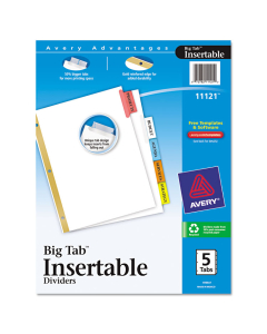 Avery WorkSaver Big Multicolor 5-Tab 8-1/2" x 11" Insertable Dividers, White, 1 Set
