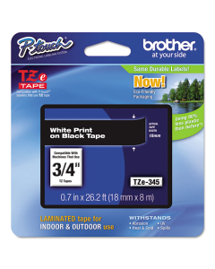Brother P-Touch TZE345 TZe Series 3/4" x 26.2 ft. Standard Labeling Tape, White on Black