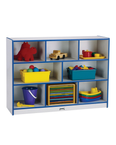 Jonti-Craft Rainbow Accents Super-Sized Mobile Cubbie Classroom Storage (in blue, example of use)