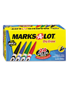 Marks-A-Lot Pen Dry Erase Marker, Fine Tip, Assorted, 24-Pack