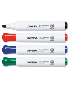 Universal Dry Erase Marker, Bullet Tip, Assorted, 4-Pack