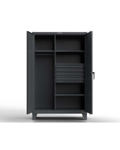 Shown in 48" W x 24" D x 78" H 12-Gauge Steel Uniform Cabinet with 4 Drawers, 4 Adjustable Shelves and Hanger Rod, Dark Grey