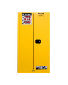 Justrite Sure-Grip EX 55 Gal Self-Closing Fire Resistant Drum Storage Cabinet with Drum Support (Shown in Yellow)