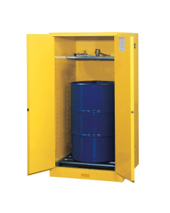 Justrite Sure-Grip EX 55 Gal Fire Resistant Drum Storage Cabinet with Drum Rollers (Shown in Yellow)