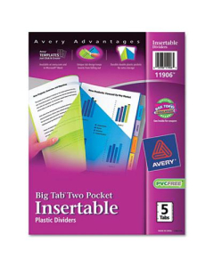 Avery Big Tab 9" x 11" 5-Tab Durable Plastic Two Slash Pocket Insertable Dividers, Assorted, 1 Set