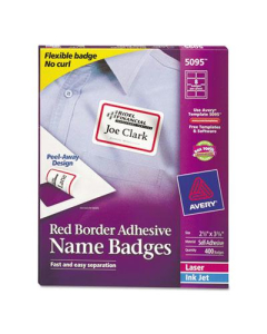 Avery 2-1/3" x 3-3/8" Flexible Self-Adhesive Name Badge Labels, White/Red, 400/Box