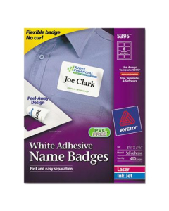 Avery 2-1/3" x 3-3/8" Flexible Self-Adhesive Name Badge Labels, White, 400/Box