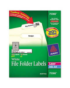 Avery 3-7/16" x 2/3" Self-Adhesive Laser & Inkjet File Folder Labels, White, 1800/Box