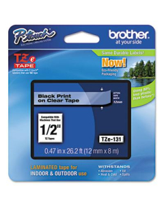 Brother P-Touch TZE131 TZe Series 1/2" x 26.2 ft. Standard Labeling Tape, Black on Clear