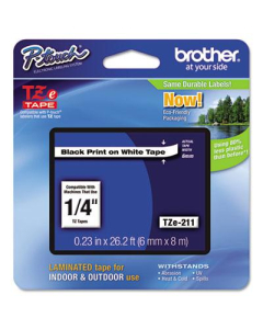 Brother P-Touch TZE211 TZe Series 1/4" x 26.2 ft. Standard Labeling Tape, Black on White