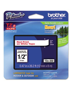 Brother P-Touch TZE232 TZe Series 1/2" x 26.2 ft. Standard Labeling Tape, Red on White