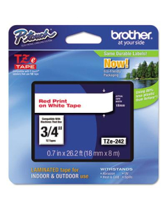 Brother P-Touch TZE242 TZe Series 3/4" x 26.2 ft. Standard Labeling Tape, Red on White