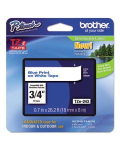Brother P-Touch TZE243 TZe Series 3/4" x 26.2 ft. Standard Labeling Tape, Blue on White