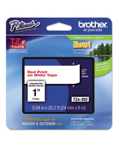 Brother P-Touch TZE252 TZe Series 1" x 26.2 ft. Standard Labeling Tape, Red on White