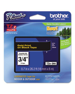 Brother P-Touch TZE344 TZe Series 3/4" x 26.2 ft. Standard Labeling Tape, Gold on Black