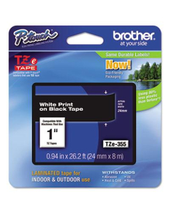 Brother P-Touch TZE355 TZe Series 1" x 26.2 ft. Standard Labeling Tape, White on Black