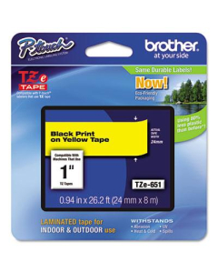Brother P-Touch TZE651 TZe Series 1" x 26.2 ft. Standard Labeling Tape, Black on Yellow