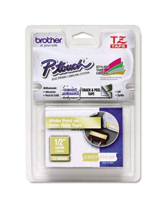 Brother P-Touch TZEMQ835 TZe Series 1/2" x 16.4 ft. Standard Labeling Tape, White/Satin Gold