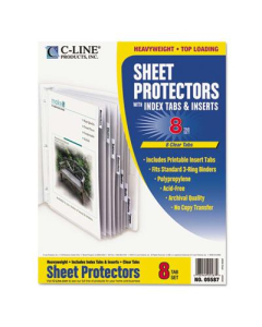 C-Line 8-1/2" x 11" Poly Sheet Protectors with Index Tabs, Clear, 8/Set