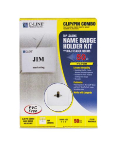 C-Line 4" x 3" Top Load Clip & Pin Badge Holder Kits, White, 50/Box