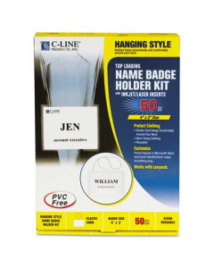 C-Line 4" x 3" Top Load Elastic Cord Badge Holder Kits, White, 50/Box