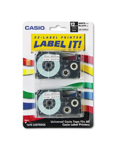 Casio KL XR12WE2S 12 mm x 26 ft. Label Tape Cassette, Black on White, 2/Pack