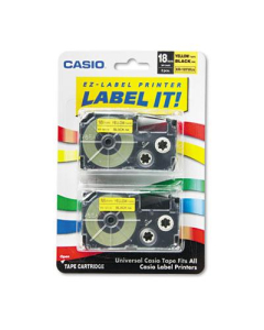 Casio KL XR18YW2S 18 mm x 26 ft. Label Tape Cassette, Black on Yellow, 2/Pack