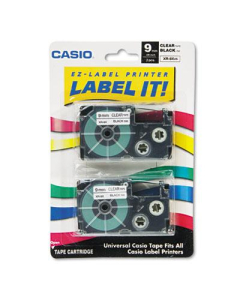 Casio KL XR9X2S 9 mm x 26 ft. Label Tape Cassette, Black on Clear, 2/Pack