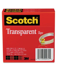 Scotch 1/2" x 72 yds Transparent Tape, 3" Core, 2-Pack