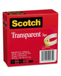 Scotch 3/4" x 72 yds Transparent Tape, 3" Core, 2-Pack