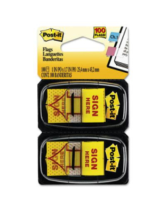 Post-It 1" x 1-3/4" "Sign Here" Message Arrow Page Flags, Yellow, 100 Flags/Pack