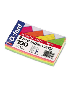 Oxford 3" x 5", 100-Cards, Assorted Glow Colors, Ruled Index Cards
