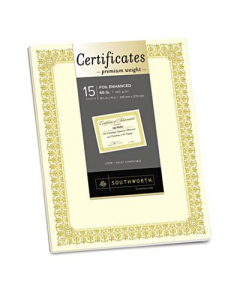 Southworth 8-1/2" x 11", 66lb, 15-Sheets, Ivory Fleur Gold Foil Border Premium Certificates