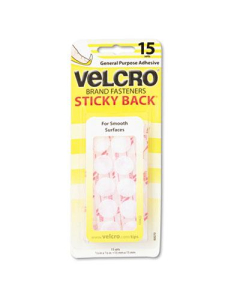 Velcro 5/8" Diameter Sticky-Back Hook & Loop Dot Fasteners on Strips, White, 15 Sets/Pack