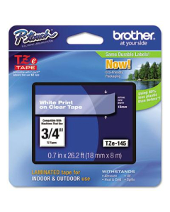 Brother P-Touch TZE145 TZe Series 3/4" x 26.2 ft. Standard Labeling Tape, White on Clear