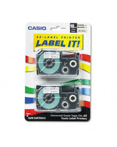 Casio KL XR18X2S 18 mm x 26 ft. Label Tape Cassette, Black on Clear, 2/Pack