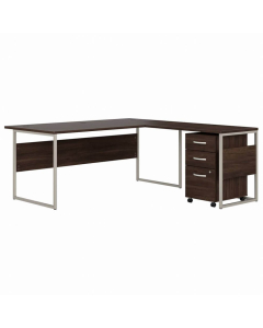Bush Business Furniture Hybrid 72" W x 36" D L-Shaped Desk and 3-Drawer Mobile Pedestal, Walnute