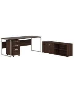 Bush Business Furniture Hybrid 72" W x 30" D Desk, 3-Drawer Mobile Pedestal and Low Storage Return, Walnut