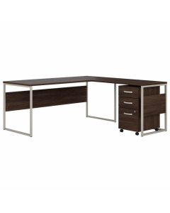 Bush Business Furniture Hybrid 72" W x 30" D L-Shaped Desk and 3-Drawer Mobile Pedestal, Walnut