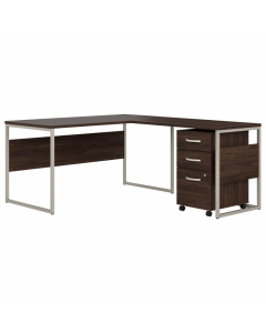 Bush Business Furniture Hybrid 60" W x 30" D L-Shaped Desk and 3-Drawer Mobile Pedestal, Walnut