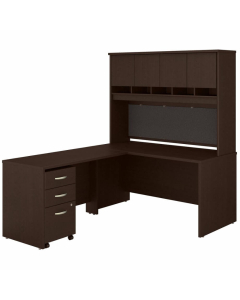 Bush Business Furniture Series C 60" W x 30" D Office Desk with Hutch, 48" W Return and 3-Drawer Mobile Pedestal, Mocha Cherry