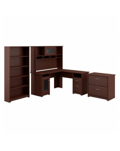 Bush Furniture Cabot L-Shaped Office Desk with Hutch, Lateral File, and Bookcase (Shown in Harvest Cherry)