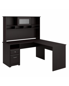 Bush Furniture Cabot 60" W L-Shaped Office Desk Set with Pedestal and Hutch (Shown in Espresso Oak)
