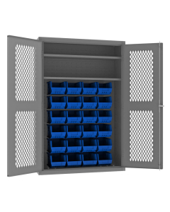 Durham Steel 48" W x 18" D x 72" H 2-Shelf Ventilated Bin Storage Cabinet, 24 Blue Hook-On Bins
