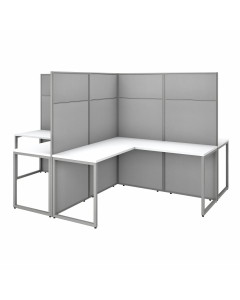 Bush Furniture Easy Office 60" W 4 Person L Shaped Desk with 66" H Cubicle Panel, Pure White/Silver Gray Fabric