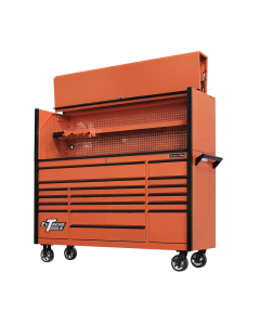 Extreme Tools DX Series 72" W x 21" D x 65" H Professional Hutch & 17 Drawer Roller Cabinet Combo (Shown in Orange With Black Drawer Pulls)