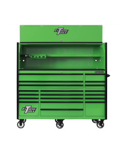 Extreme Tools RX723020HR RX Series 72" W x 30" D x 69-1/4" H Professional Hutch & 19 Drawer Roller Cabinet Combos With 250 Lb Slides (Shown in Green With Black Drawer Pulls)