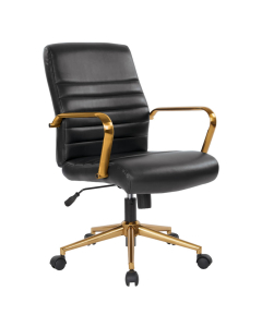 Office Star FL Series Baldwin Faux Leather Mid-Back Chair With Gold Finish Arms and Base, Black